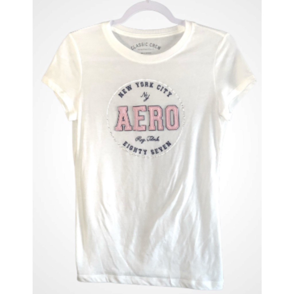 Aeropostale White With Pink Nyc Graphic Short Sleeve Crewneck Tee Shirt M